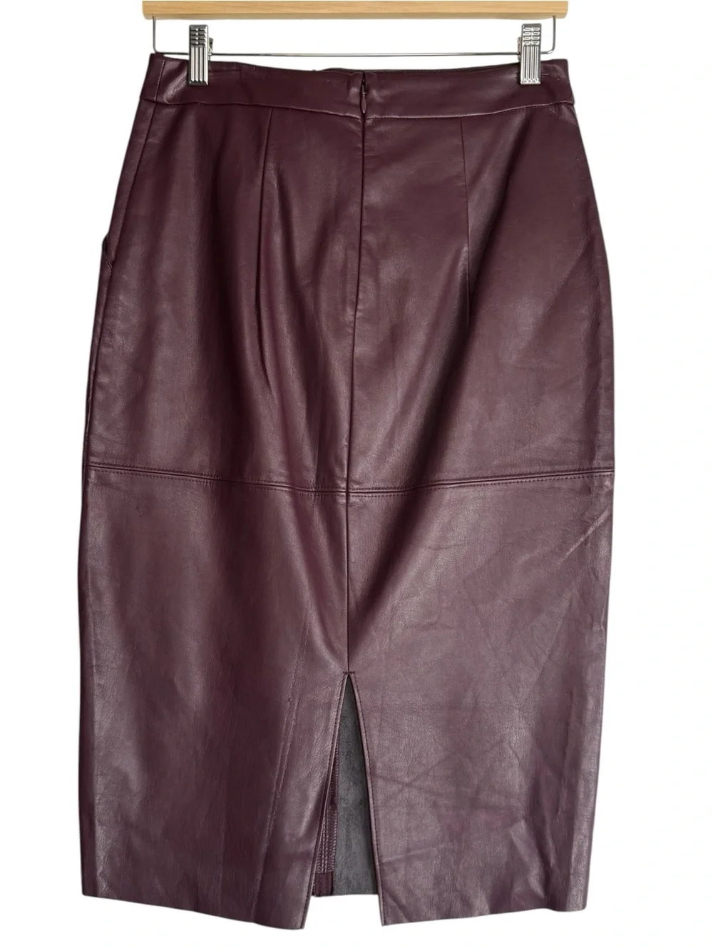 Express Womens Burgundy Faux Leather Pencil Skirt Midi High Waist Size 6 NWT
